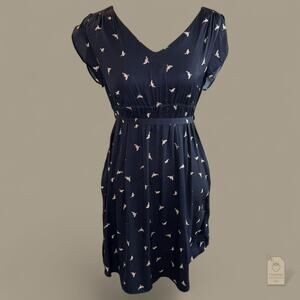 H&M Mama Navy Bird Print Dress | Flutter Sleeve Belted V-Neck | Maternity Small